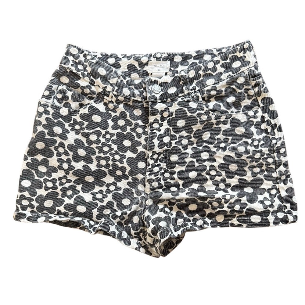 Full Tilt Women Black White Floral Daisy Print High Waisted Denim Shorts Size 24